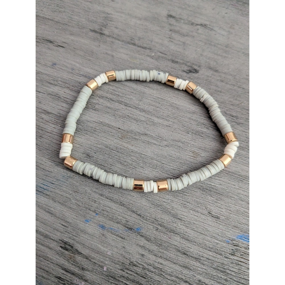 White Gray Heishi Bead Stretch Bracelet Rose Gold Tone Accents Boho Stacking